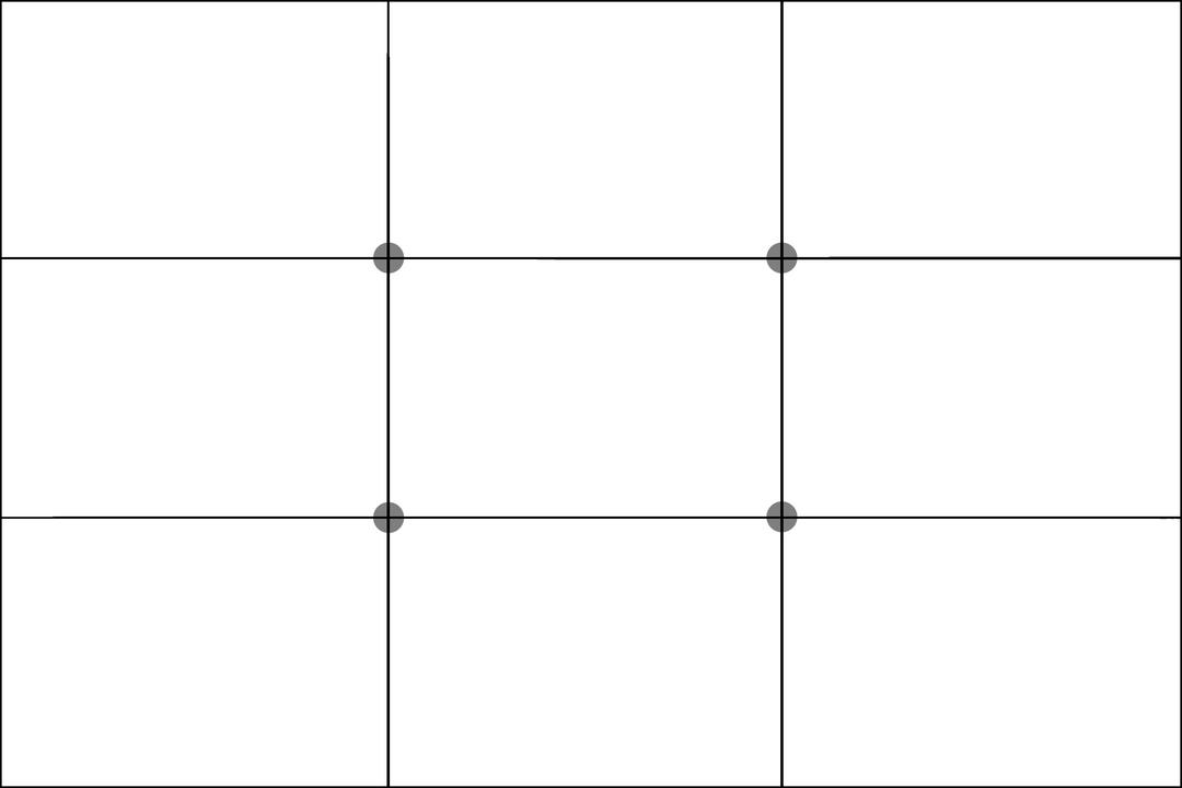Dividida em três partes iguais na horizontal e vertical por linhas pretas e com pontos na intersecção dessas linhas.